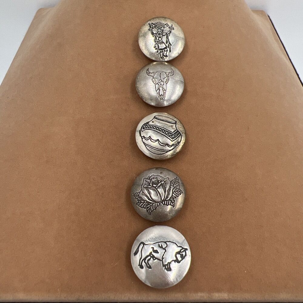 Set Of 5 Sterling Silver Button Covers Western Native American Snap On Vintage